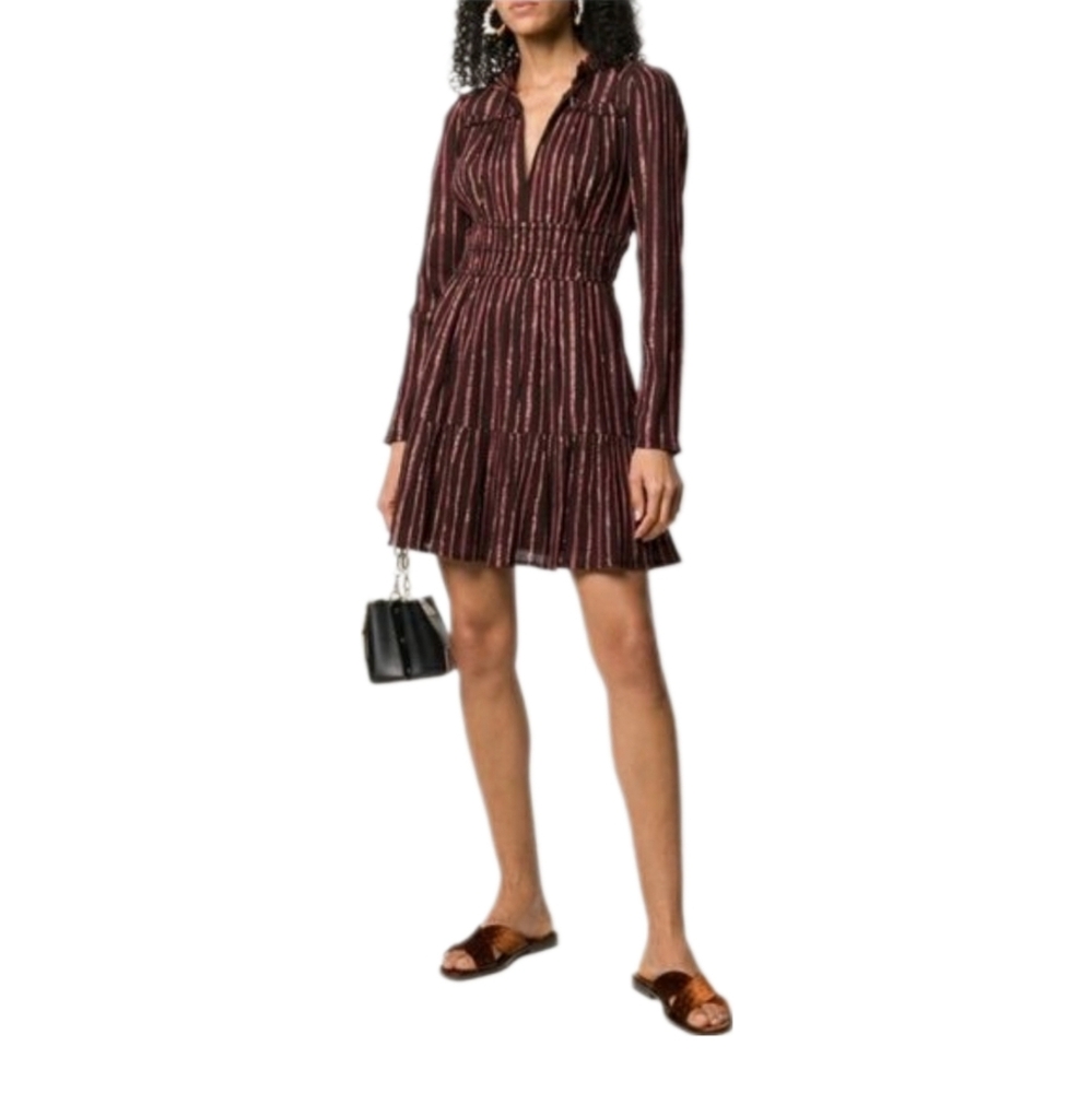 ULLA JOHNSON | Rosalind Brown and Burgundy Striped Flared Mini Dress in …